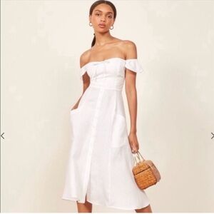 Reformation White Off-Shoulder Midi Dress
